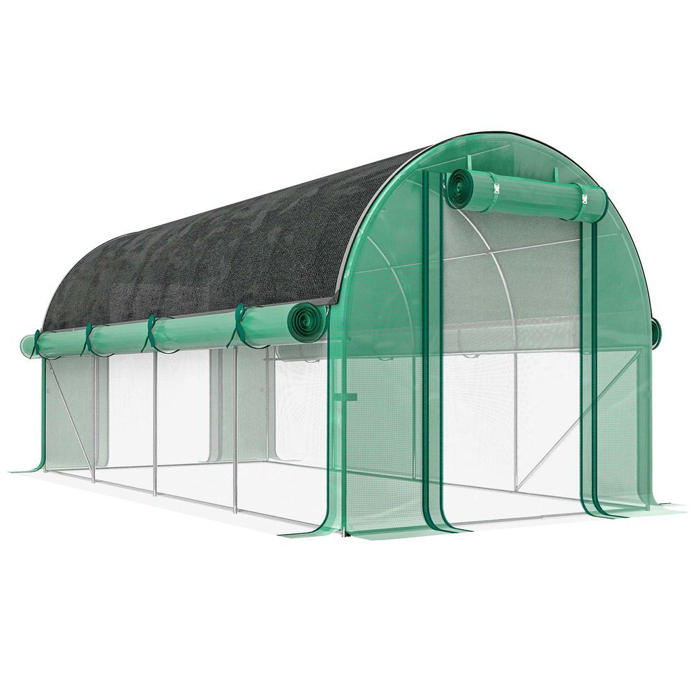 Outsunny estufa tipo túnel 447x200x198 cm estufa de exterior com paredes laterais enroláveis cobertura extra 8 janelas de malha e 2 portas enroláveis