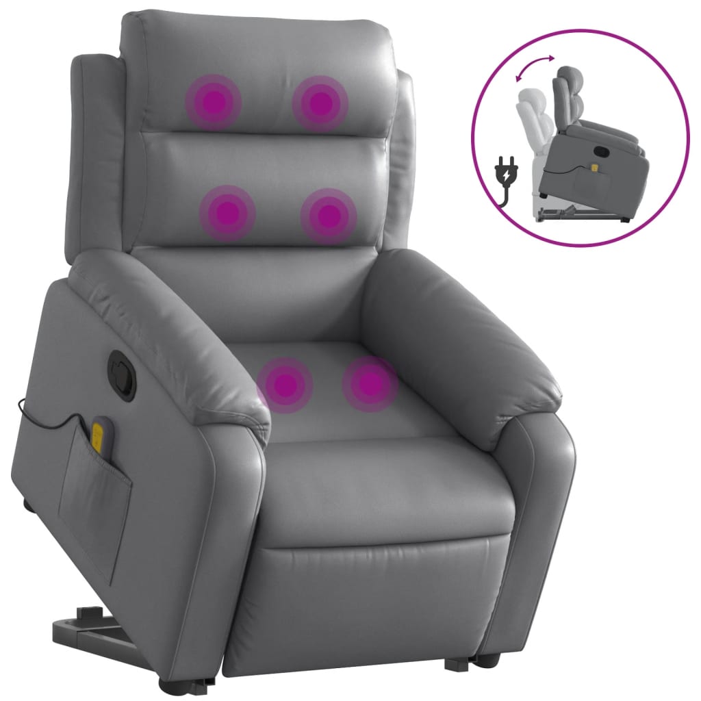Vidaxl poltrona massagens reclinável elevatória couro artif. cinzento