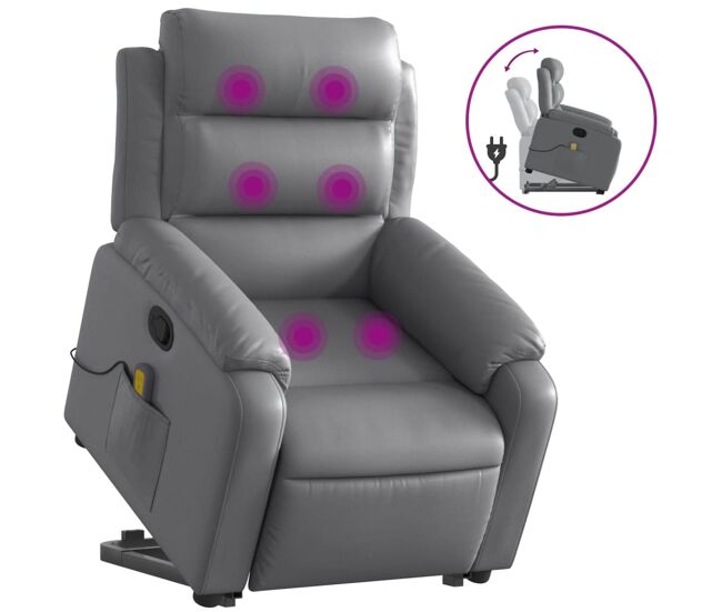 Vidaxl poltrona massagens reclinável elevatória couro artif. cinzento
