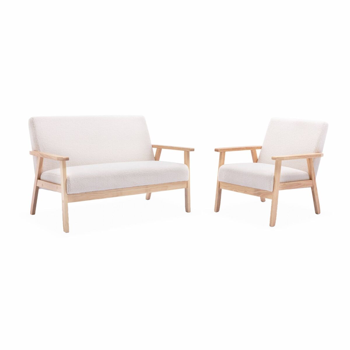 Sofá de 3 lugares + cadeirão em madeira de seringueira, boucle, isak boucle, boucle branco, 114x69.5x73 cm