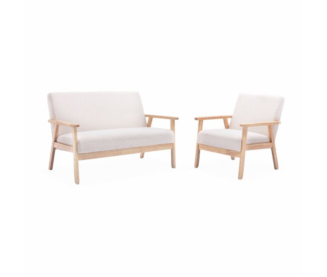 Sofá de 3 lugares + cadeirão em madeira de seringueira, boucle, isak boucle, boucle branco, 114x69.5x73 cm