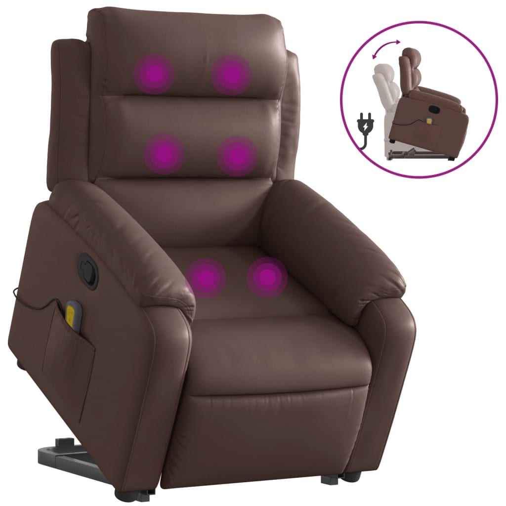 Vidaxl poltrona massagens reclinável elevatória couro artif. castanho