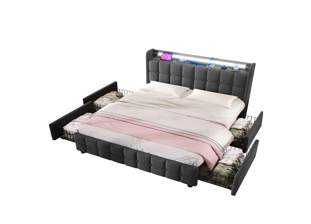 Cama de casal de madeira maciça 140x200cm com luz led,4 gavetas,cinzento