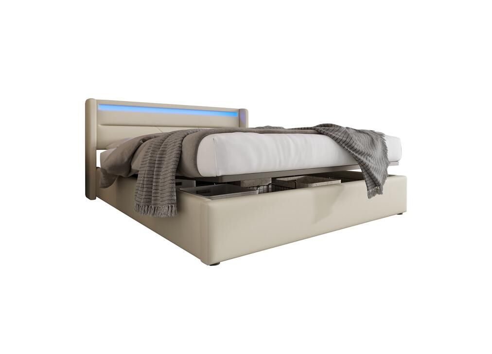 Cama de casal de pu 160x200cm com armazenamento e luz led,branco