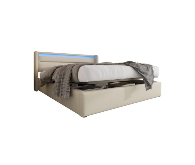 Cama de casal de pu 160x200cm com armazenamento e luz led,branco