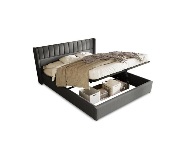 Cama de casal de linho 140x200cm com armazenamento,cinzento