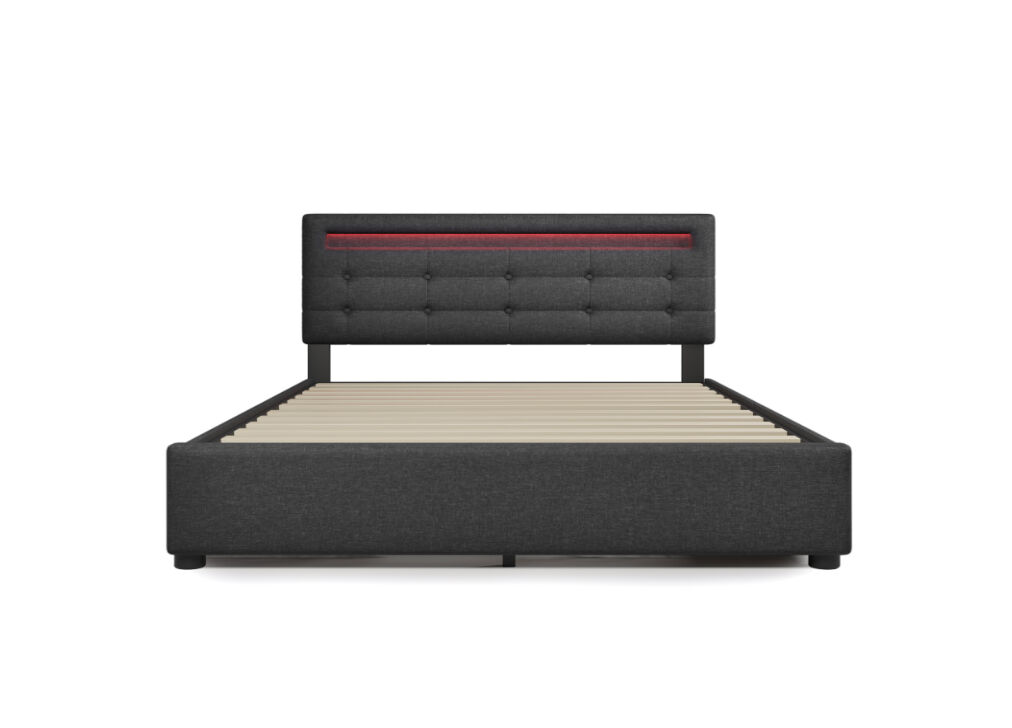 Cama de casal de linho 140x200cm com luz led,4 gavetas,cinzento