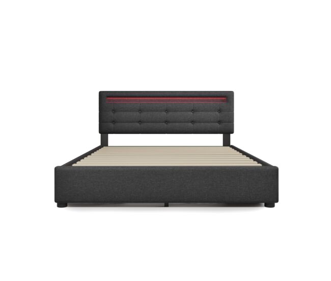 Cama de casal de linho 140x200cm com luz led,4 gavetas,cinzento