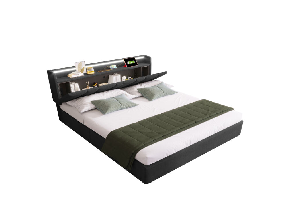 Cama de casal de linho 160x200cm com armazenamento,luz led,cinzento