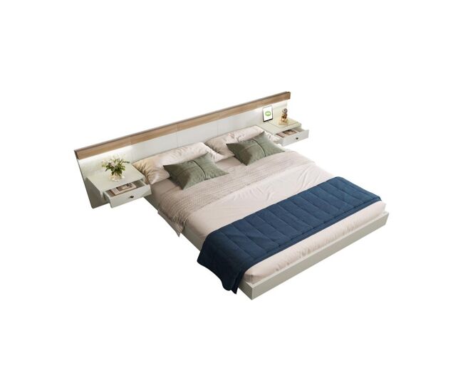 Cama de casal de madeira maciça 180x200cm com luz led,branco+madeira
