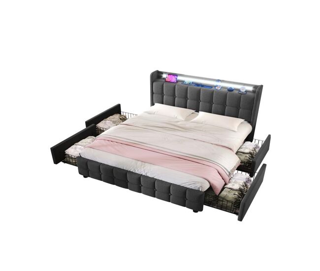 Cama de casal de madeira maciça 180x200cm com luz led,4 gavetas,cinzento