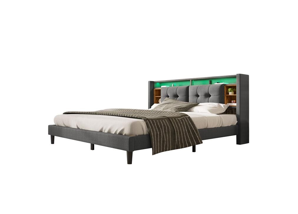 Cama de casal de madeira maciça 140x200cm com luz led,cinzento