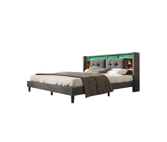 Cama de casal de madeira maciça 140x200cm com luz led,cinzento