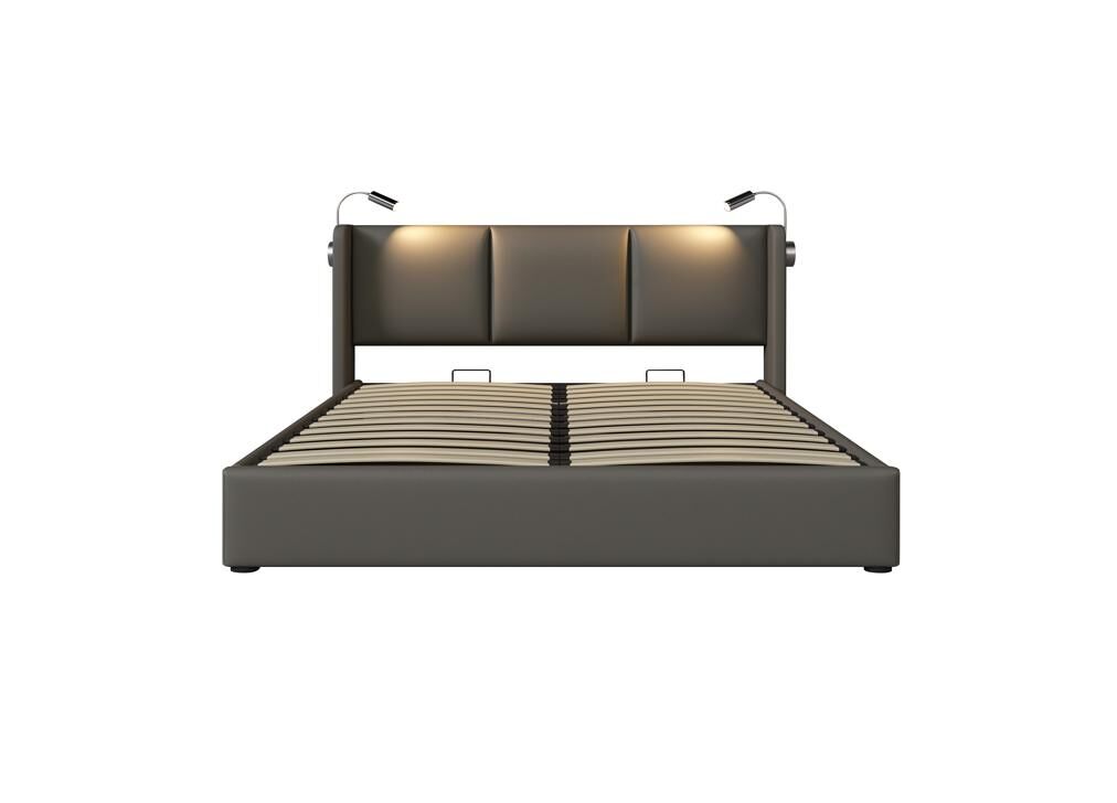Cama de casal de pu 140x200cm com armazenamento,cinzento