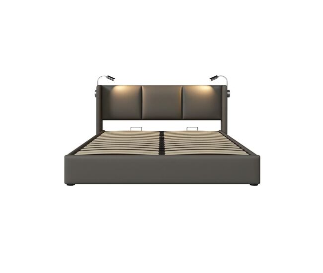 Cama de casal de pu 140x200cm com armazenamento,cinzento