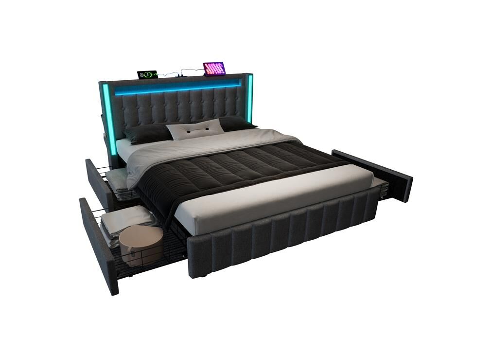 Cama de casal de linho 160x200cm com luz led,4 gavetas,cinzento