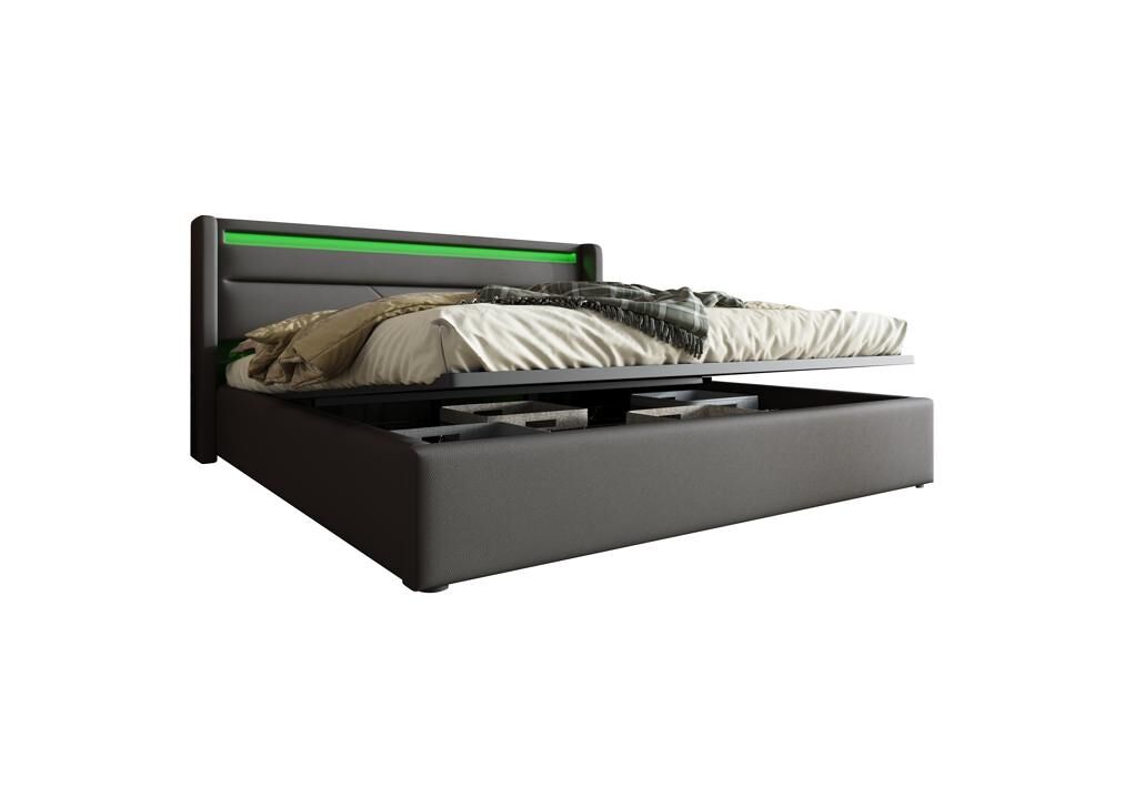 Cama de casal de pu 140x200cm com armazenamento e luz led,cinzento