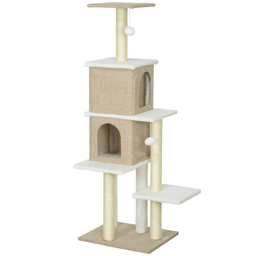 Pawhut arranhador para gatos em borrego altura 140 cm arranhador para gatos com 2 cavernas plataformas bolas suspensas e poste de sisal marrom claro