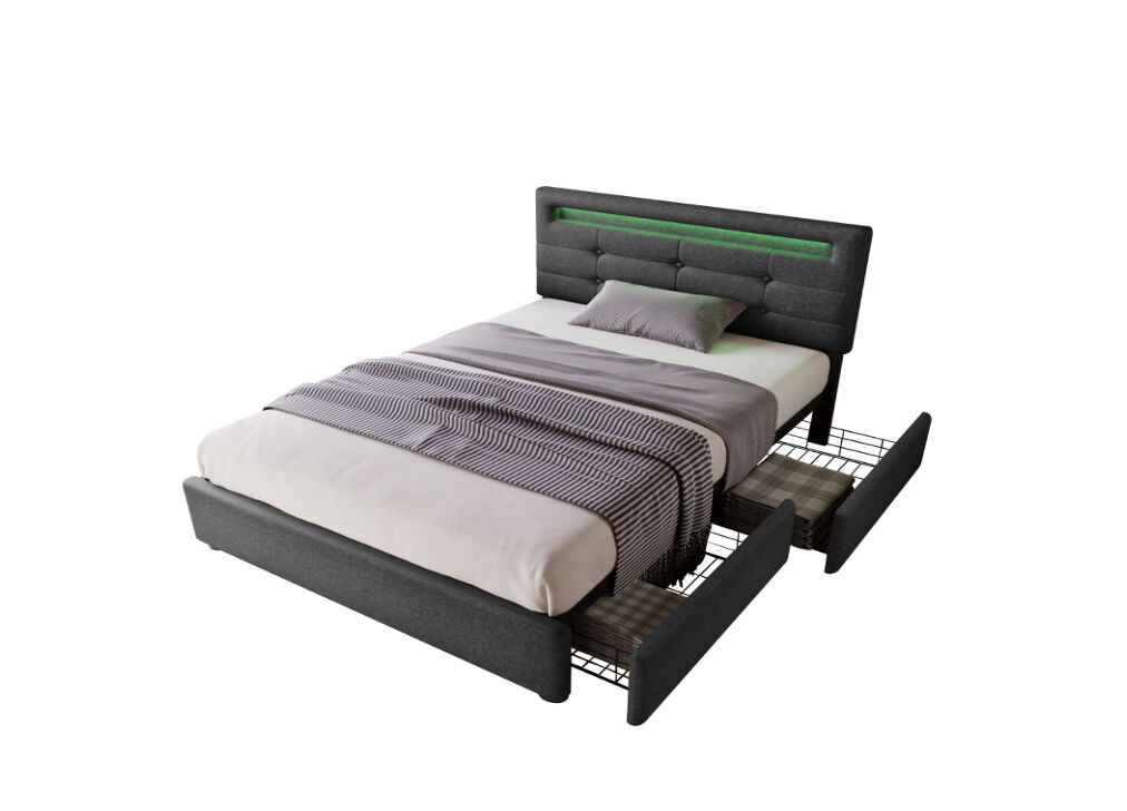 Cama de solteiro de linho 90x200cm com luz led e 2 gavetas,cinzento