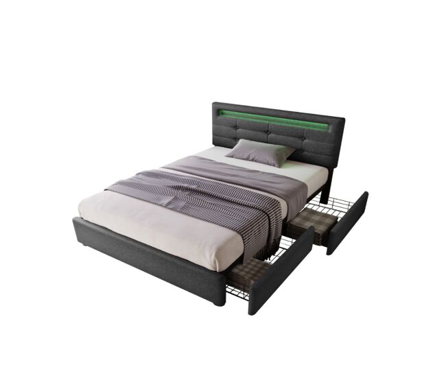 Cama de solteiro de linho 90x200cm com luz led e 2 gavetas,cinzento