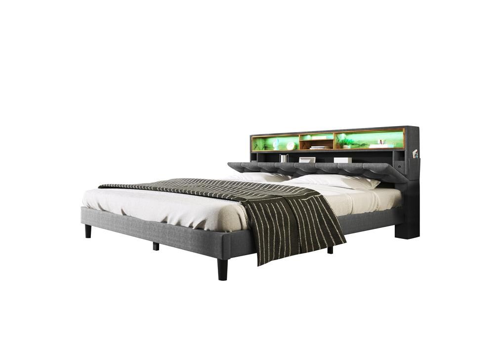 Cama de casal de madeira maciça 140x200cm com luz led,cinzento