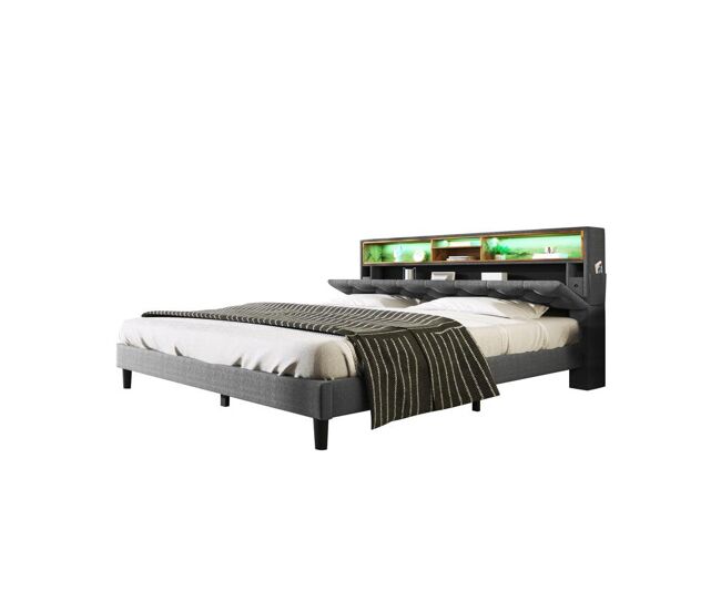 Cama de casal de madeira maciça 140x200cm com luz led,cinzento