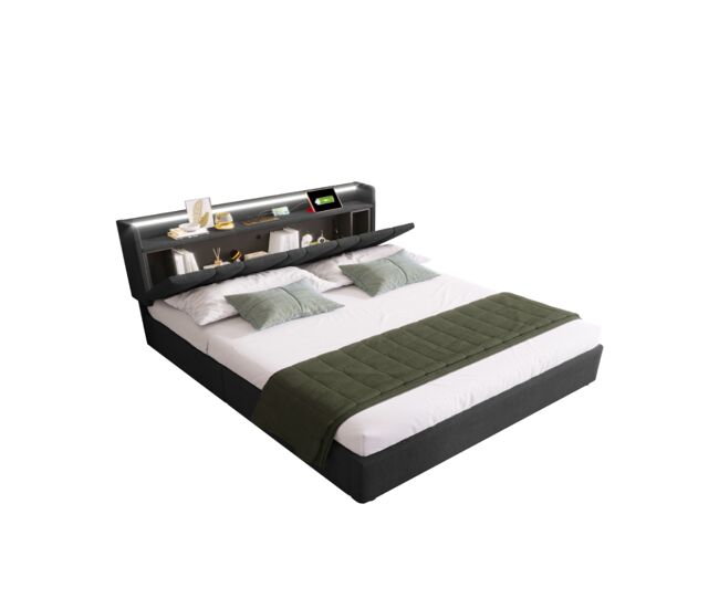 Cama de casal de linho 140x200cm com armazenamento,luz led,cinzento