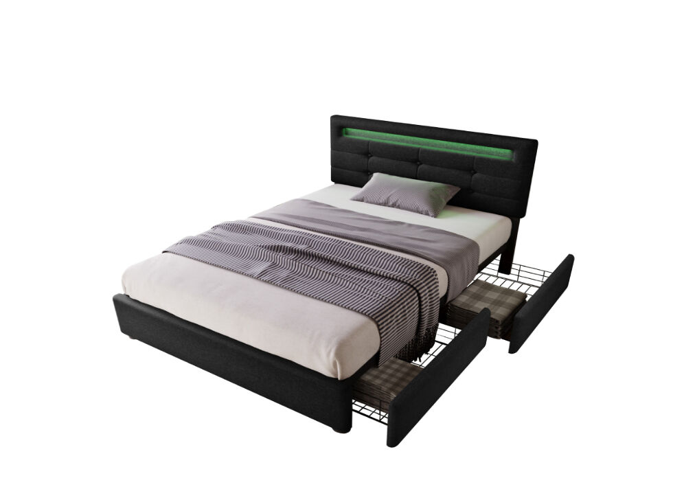 Cama de solteiro de linho 90x200cm com luz led e 2 gavetas,preto