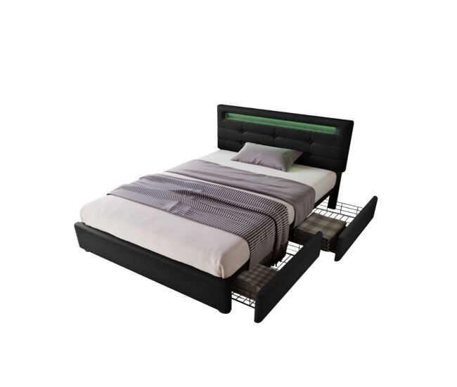 Cama de solteiro de linho 90x200cm com luz led e 2 gavetas,preto