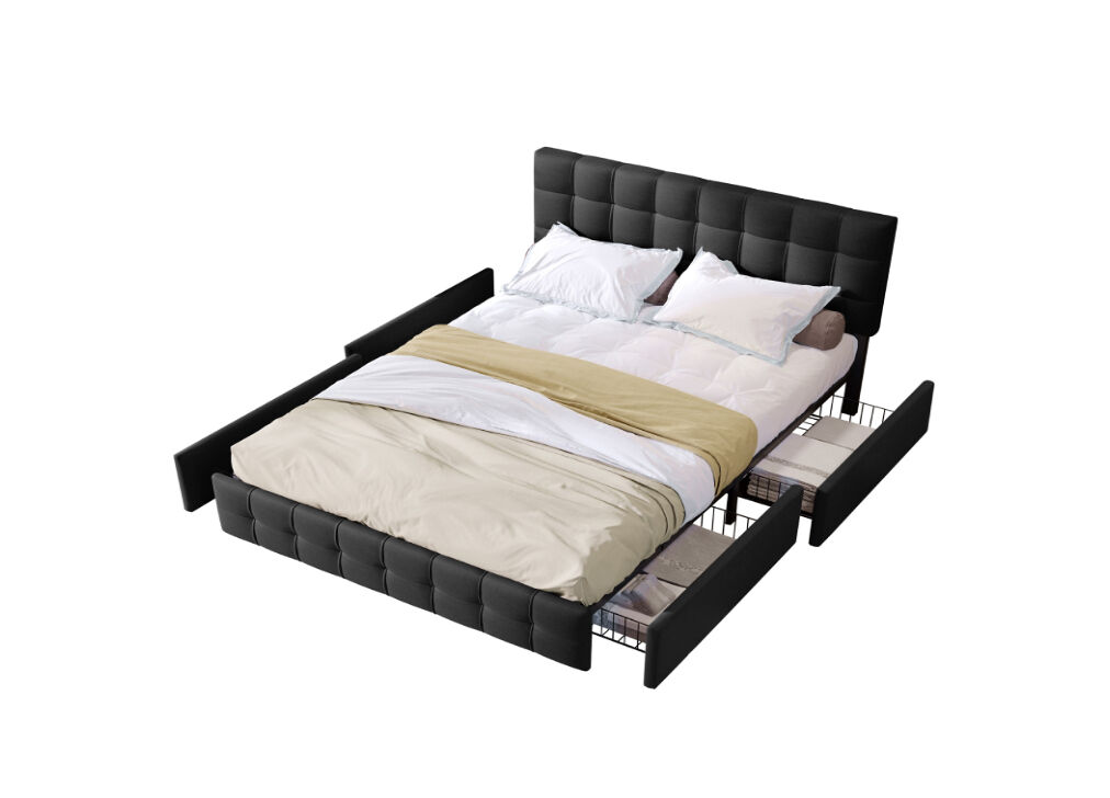 Cama de casal de linho 140x200cm com 4 gavetas,preto