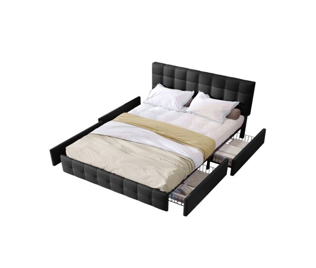Cama de casal de linho 140x200cm com 4 gavetas,preto
