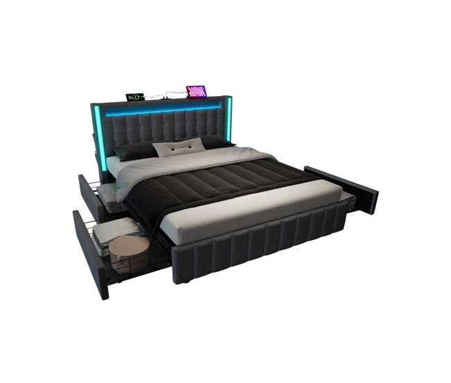 Cama de casal de linho 160x200cm com luz led,4 gavetas,cinzento