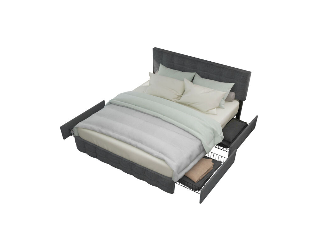Cama de casal de linho 140x200cm com 4 gavetas,cinzento