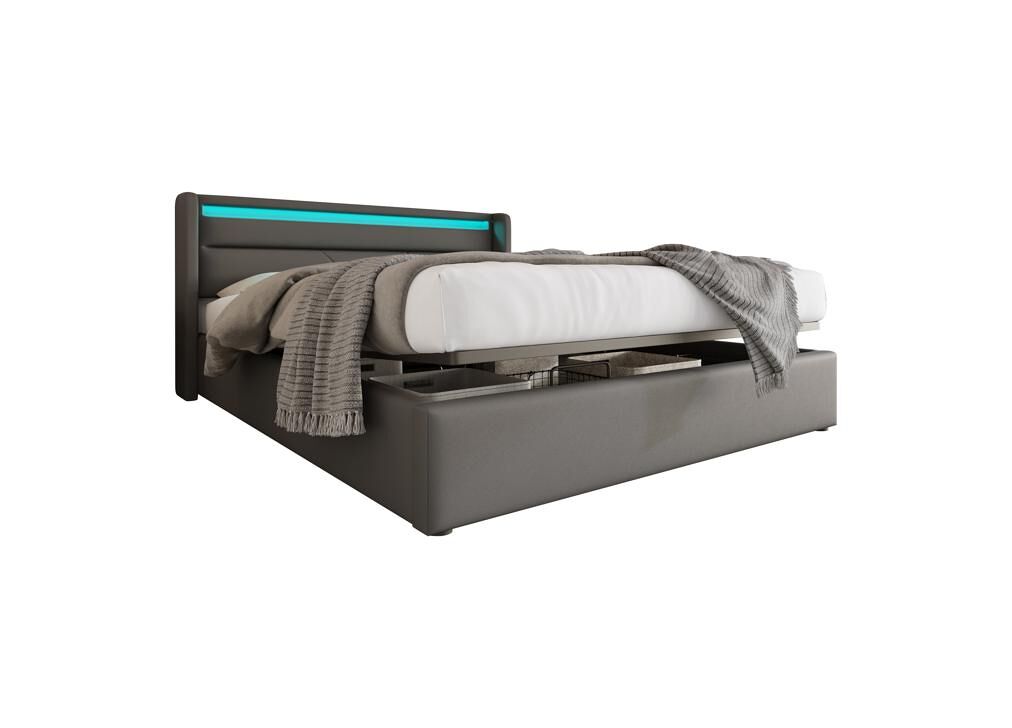 Cama de casal de pu 140x200cm com armazenamento e luz led,cinzento
