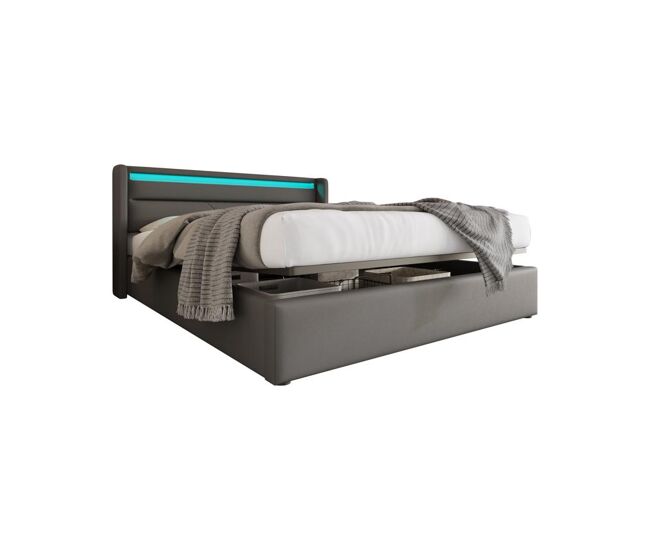 Cama de casal de pu 140x200cm com armazenamento e luz led,cinzento