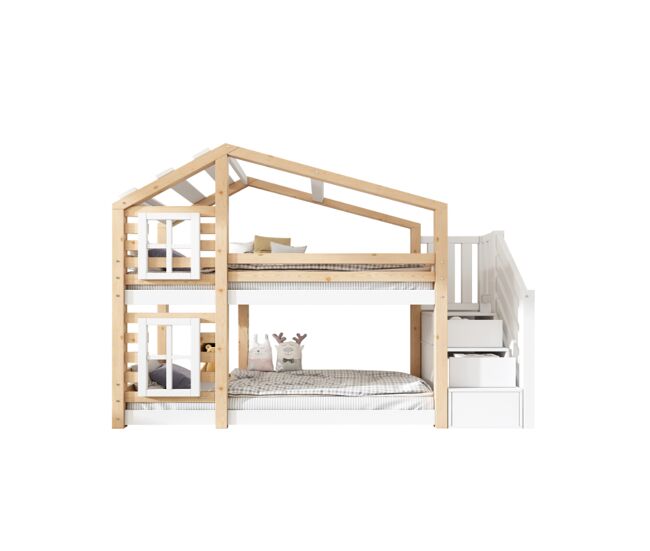 Beliche,cama-casa de madeira maciça 90x200cm,branco+natural