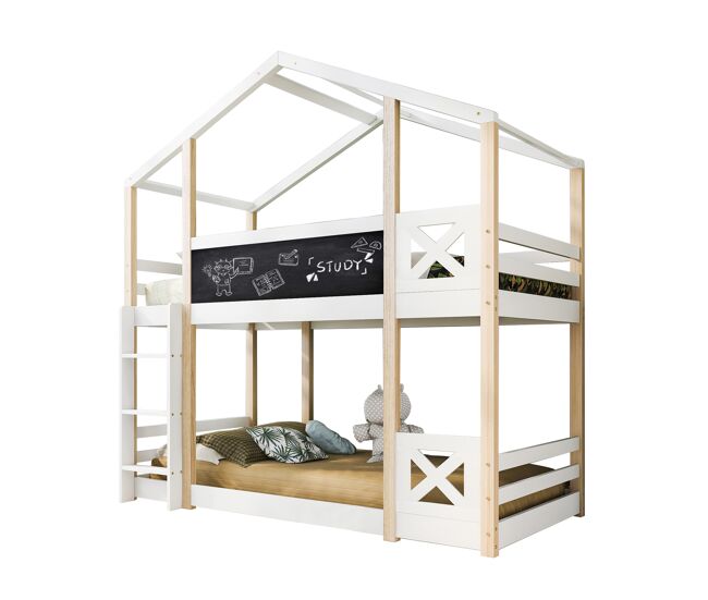 Beliche,cama-casa de madeira maciça 90x200cm,branco+natural