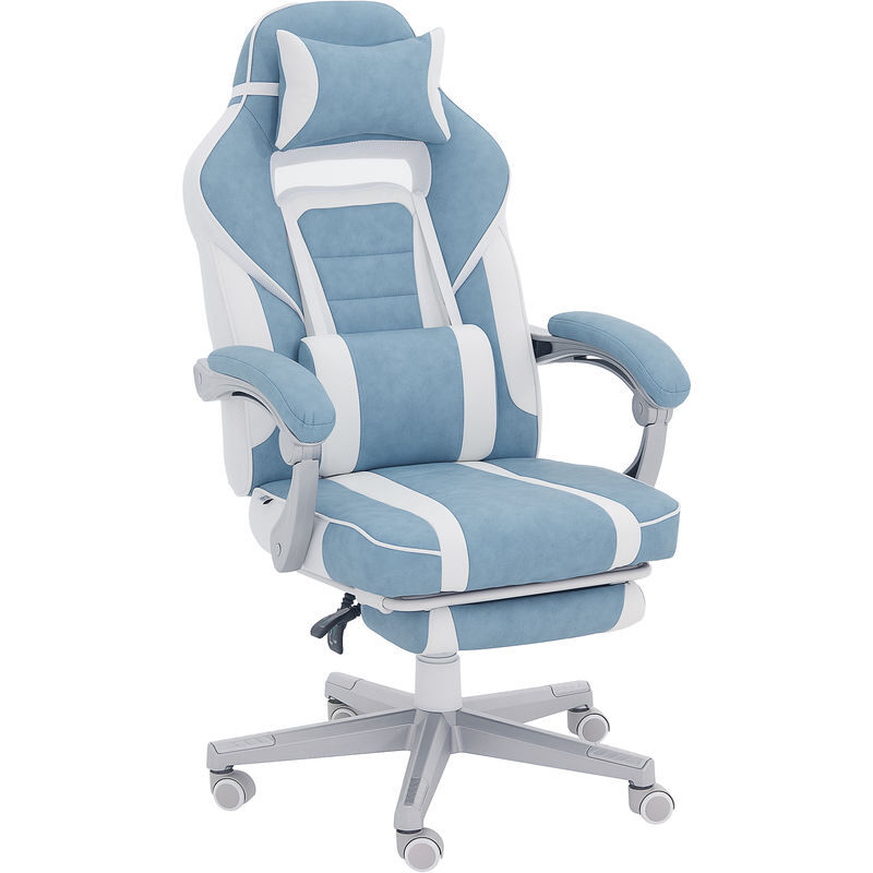 Homcom cadeira gaming reclinável com altura ajustável, apoio para os pés retrátil, suporte lombar e almofada de cabeça removível, para escritório ou estudo, bleu