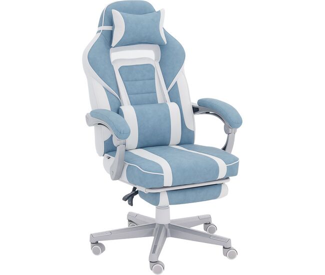 Homcom cadeira gaming reclinável com altura ajustável, apoio para os pés retrátil, suporte lombar e almofada de cabeça removível, para escritório ou estudo, bleu