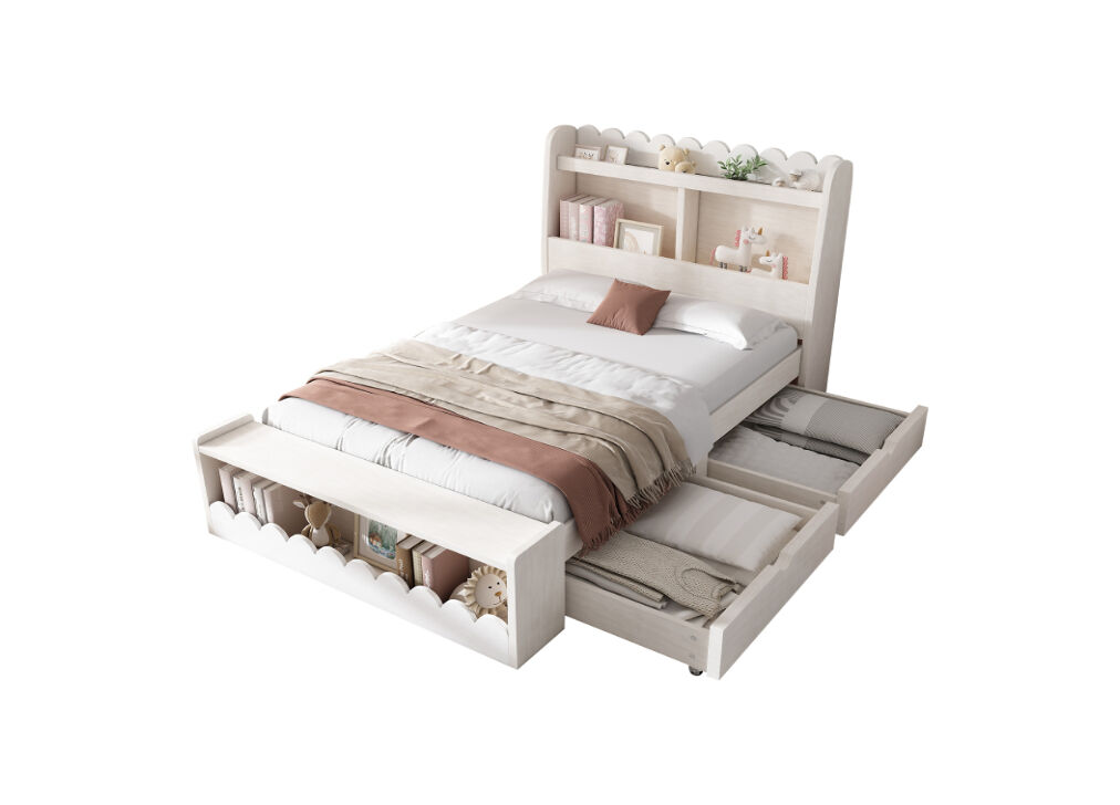 Cama juvenil,cama de solteiro de madeira maciça 90x200cm com 2 gavetas,branco
