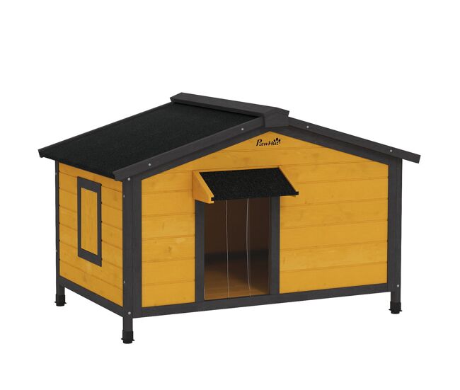 Pawhut casa para cães de madeira 97x72x65 cm casa para animais de estimação com teto asfáltico 2 janelas porta com cortina e base amovível madeira