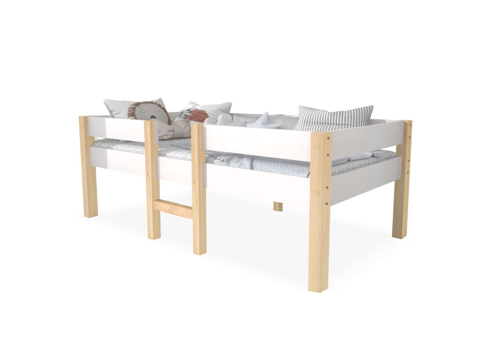 Cama de criança,cama alta,cama de altura média de madeira de pinho 90x190cm,branco+madeira