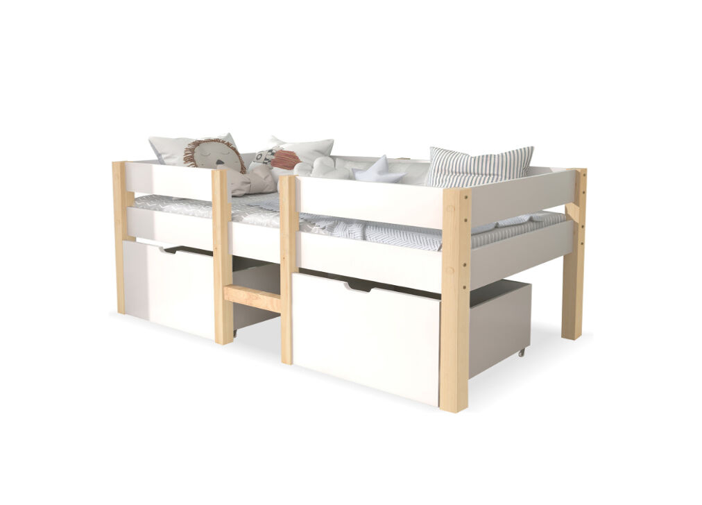 Cama de criança,cama alta,cama de altura média de madeira de pinho 90x190cm com 2 gavetas,branco+madeira