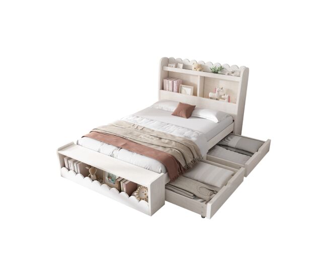 Cama juvenil,cama de solteiro de madeira maciça 90x190cm com 2 gavetas,branco