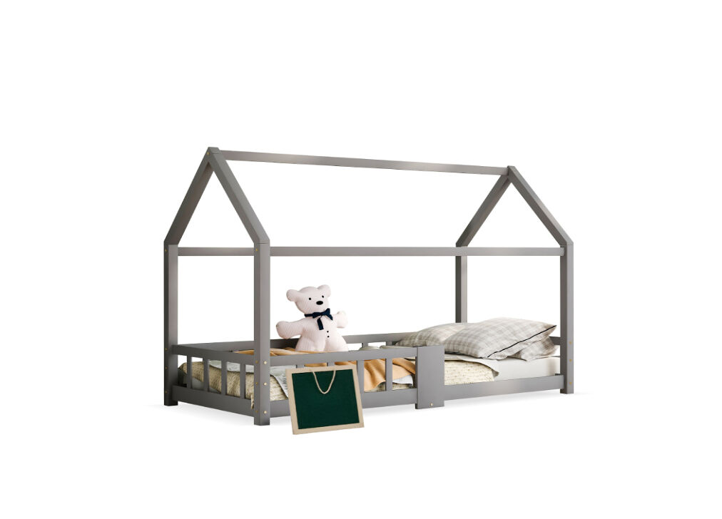 Cama de criança,cama-casa de madeira de pinho 90x200cm,cinzento