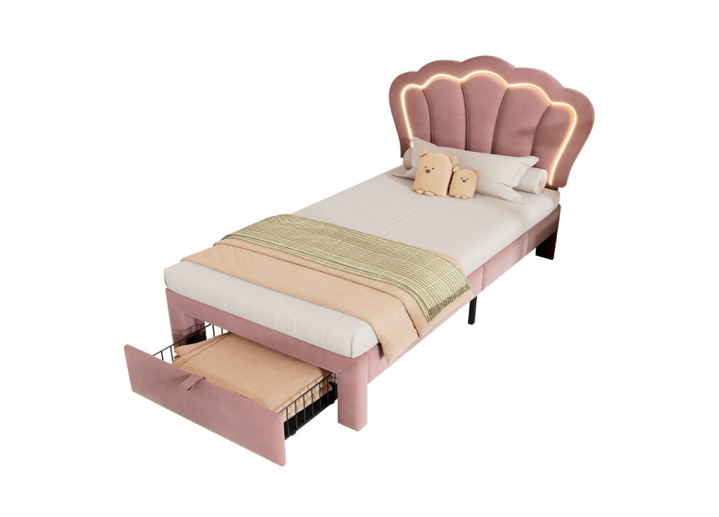 Cama juvenil,cama de solteiro de veludo 90x190cm com luz led e 1 gaveta,rosa