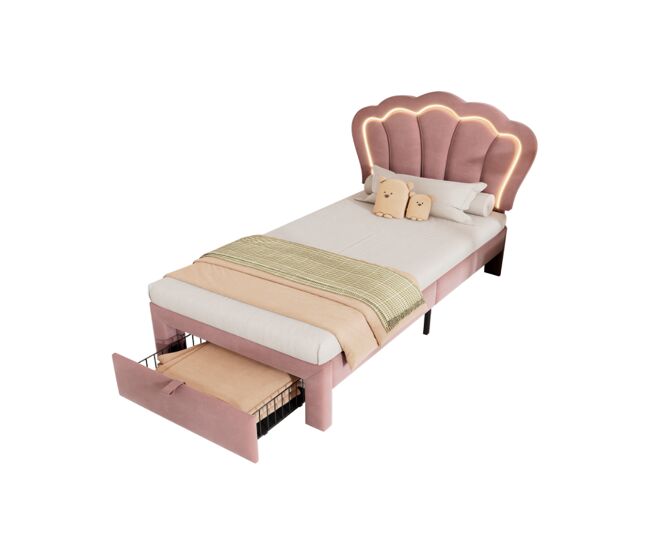 Cama juvenil,cama de solteiro de veludo 90x190cm com luz led e 1 gaveta,rosa