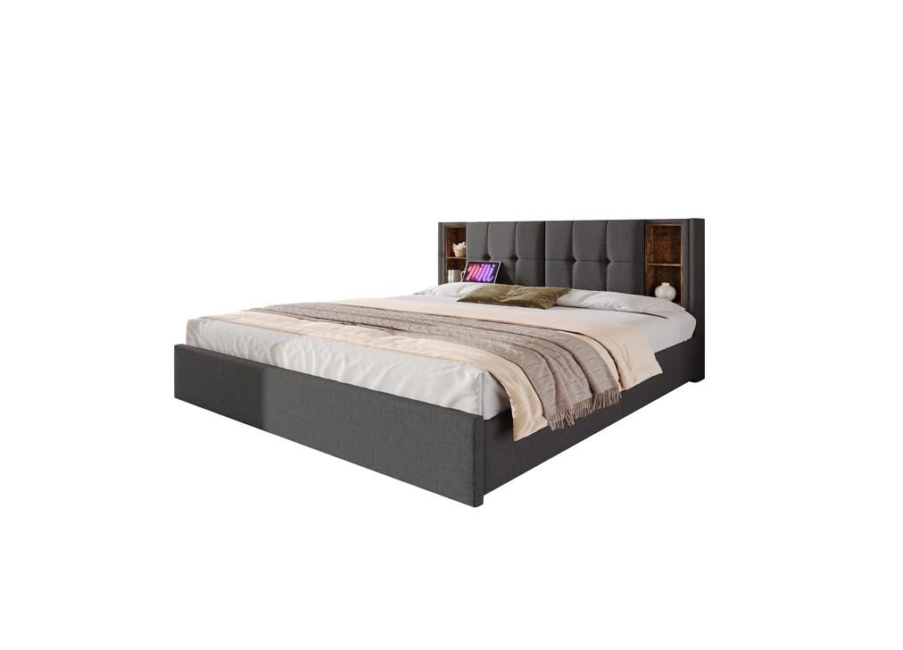 Cama de casal de linho 160x200cm com 4 gavetas,cinzento