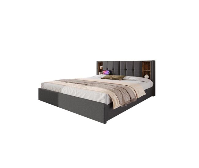 Cama de casal de linho 160x200cm com 4 gavetas,cinzento
