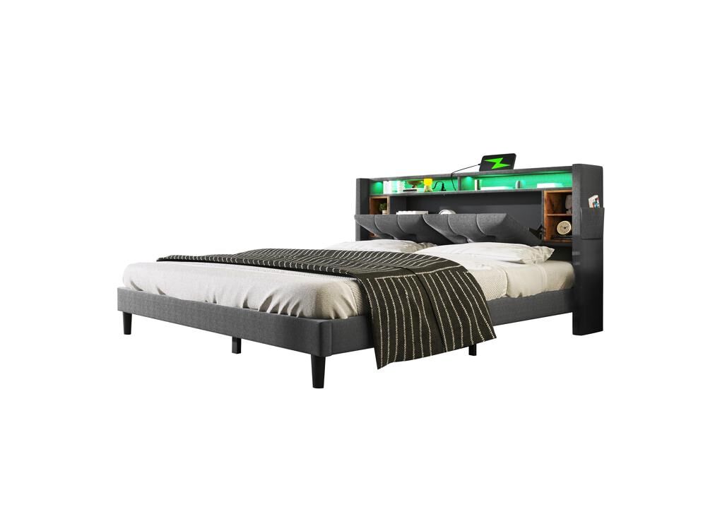 Cama de casal de madeira maciça 140x200cm com luz led,cinzento